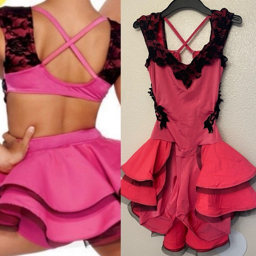 Kelle dance jazz acro lyrical costume black hot pink lace JUXTAPOSED 8218 MA adl